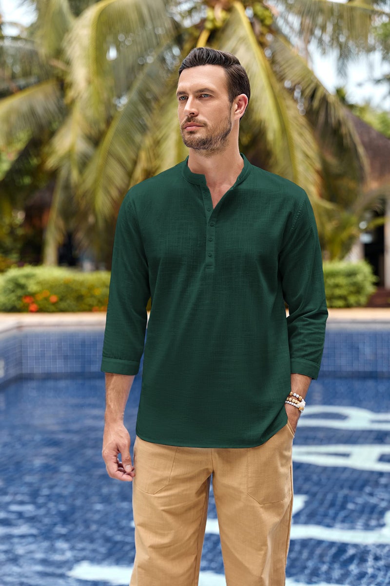 Karlywindow Mens Linen Henley Shirts Long Sleeve Hippie Yoga Summer Beach Casual Henleys T-Shirt Green - Image 2